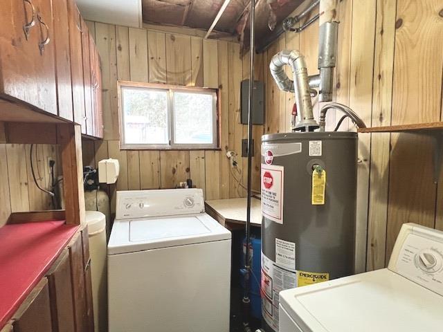 washroom featuring water heater and wood walls