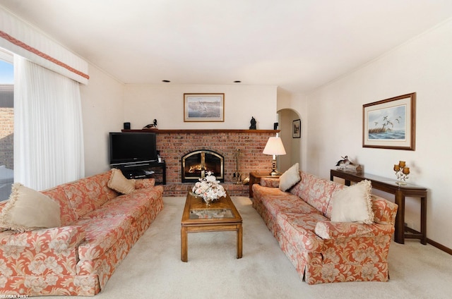 carpeted living room with a fireplace