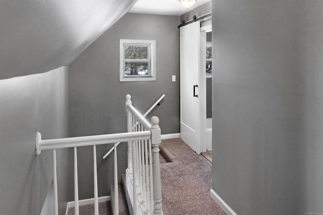 hall featuring lofted ceiling, a barn door, and carpet