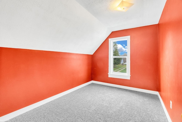 additional living space with lofted ceiling, carpet, and a textured ceiling