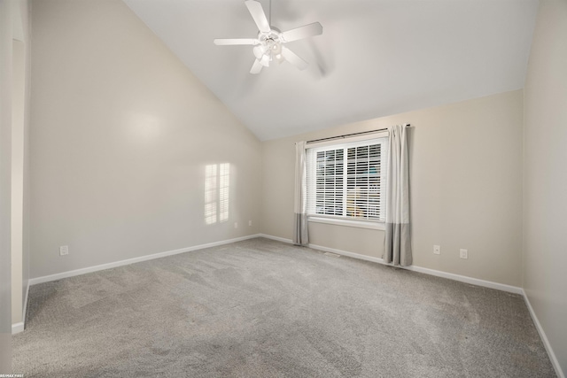 unfurnished room featuring high vaulted ceiling, ceiling fan, and carpet