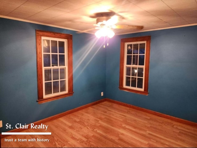 spare room featuring crown molding, ceiling fan, and wood-type flooring