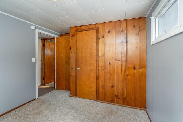 interior space with wooden walls and light colored carpet