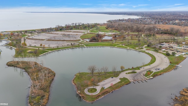 drone / aerial view with a water view