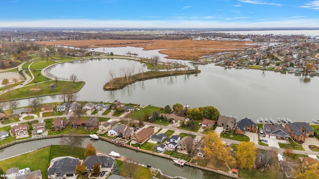 bird's eye view with a water view