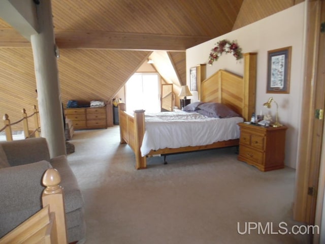 carpeted bedroom with wood ceiling, vaulted ceiling, and wood walls