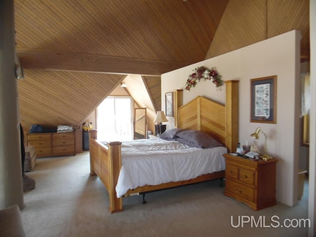 carpeted bedroom with lofted ceiling and wooden ceiling