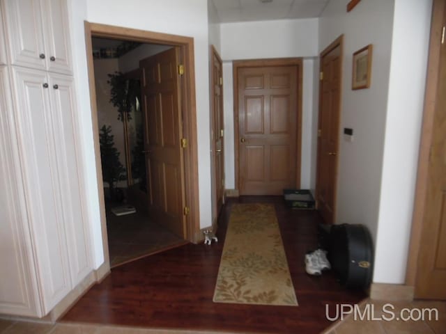 hall with dark wood-type flooring