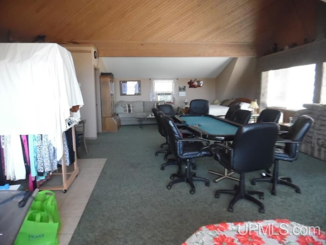 office space featuring wood ceiling, carpet flooring, and vaulted ceiling