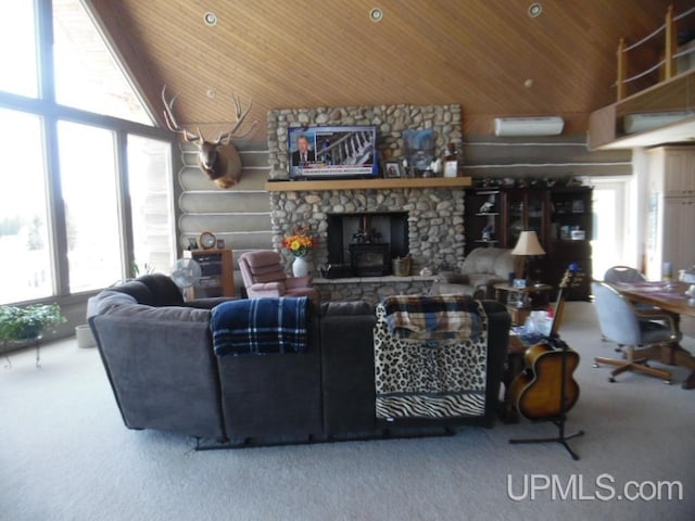 living room with carpet floors and wooden ceiling