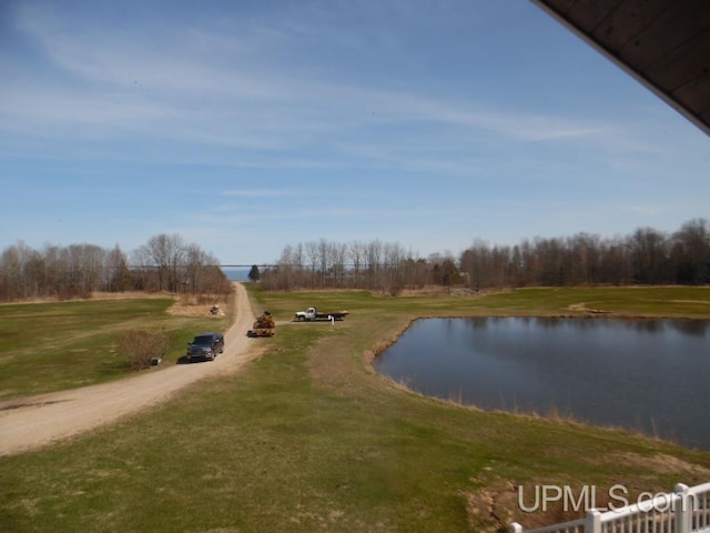 view of community with a yard and a water view