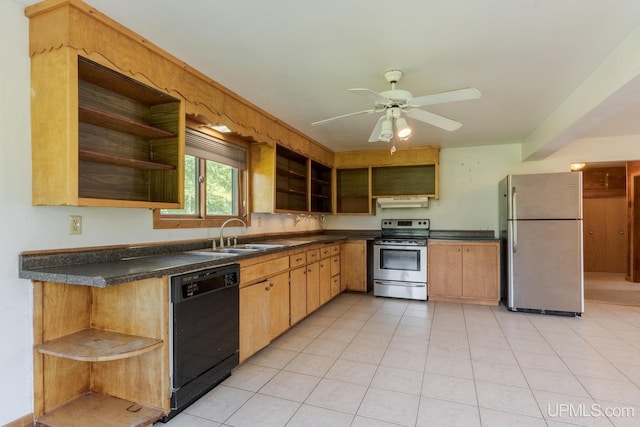 kitchen featuring sink, light tile patterned flooring, ceiling fan, and appliances with stainless steel finishes