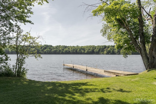 view of dock with a water view and a lawn