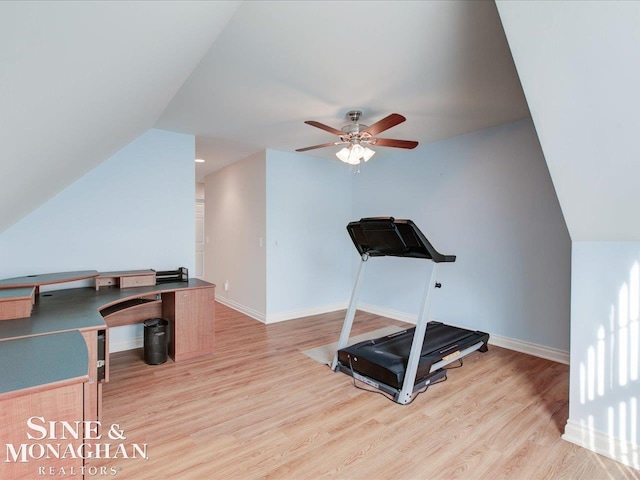 workout room with ceiling fan, lofted ceiling, and light hardwood / wood-style floors