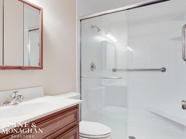 bathroom with vanity, an enclosed shower, and toilet