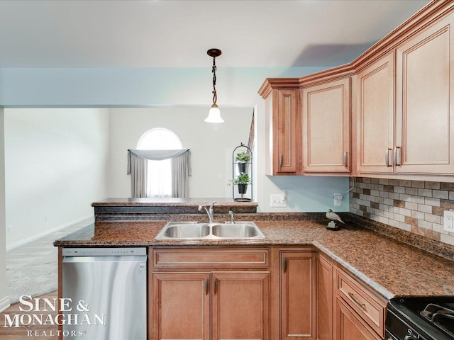 kitchen featuring black range oven, dishwasher, sink, backsplash, and hanging light fixtures