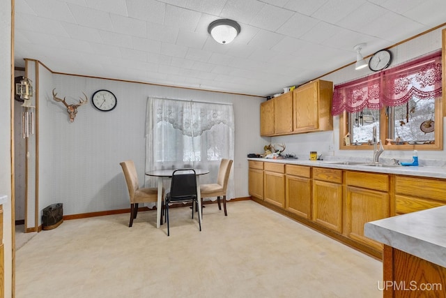 kitchen featuring sink, light colored carpet, and ornamental molding