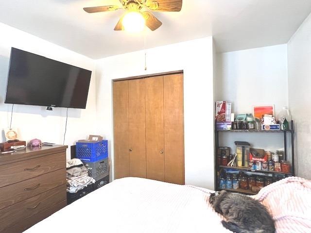 bedroom with ceiling fan and a closet