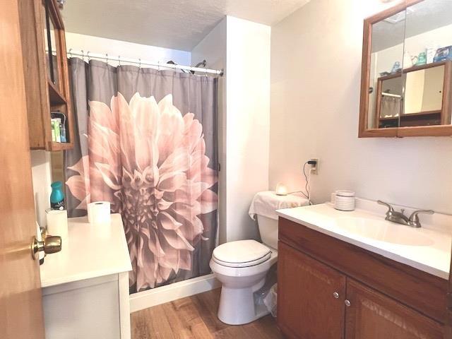 bathroom featuring curtained shower, hardwood / wood-style flooring, vanity, toilet, and a textured ceiling