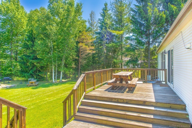 wooden deck with a lawn