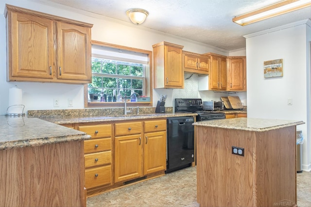 kitchen featuring stone counters, a kitchen island, sink, black appliances, and crown molding