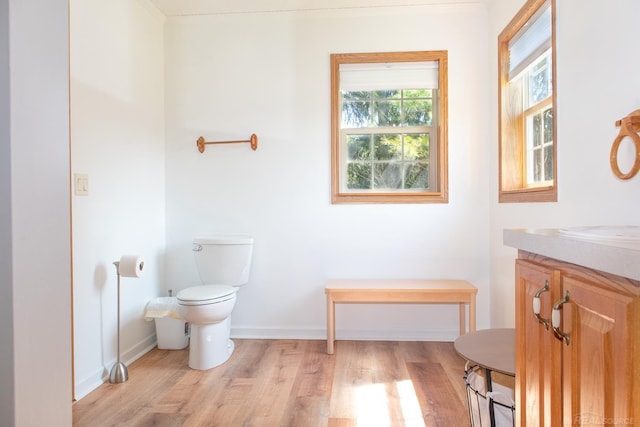 bathroom featuring wood-type flooring, toilet, and vanity