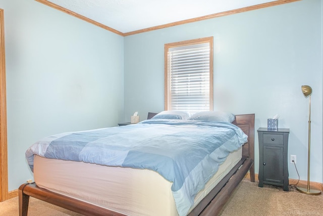 bedroom with crown molding and light colored carpet