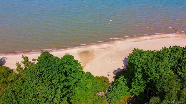 aerial view with a water view and a beach view