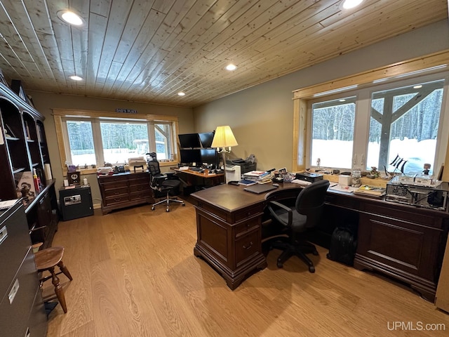 home office featuring wood ceiling and light hardwood / wood-style floors