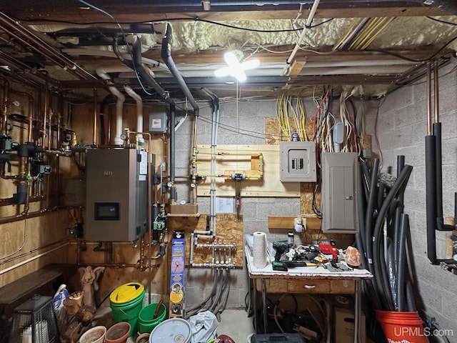 utility room with electric panel and water heater