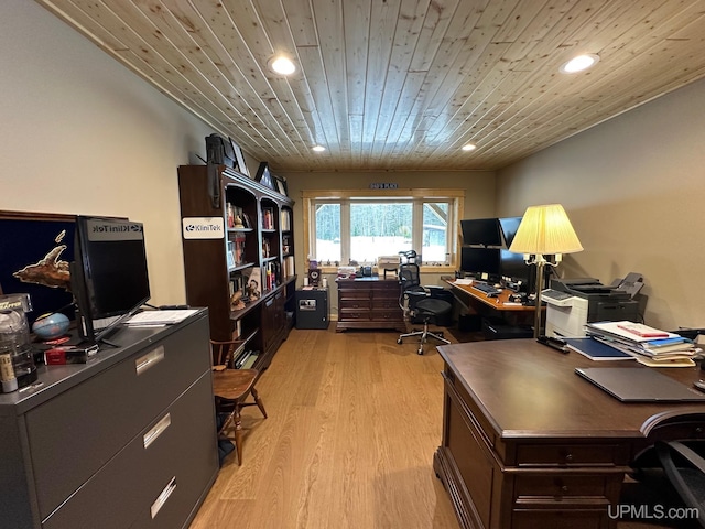 office space with wood ceiling and light wood-type flooring