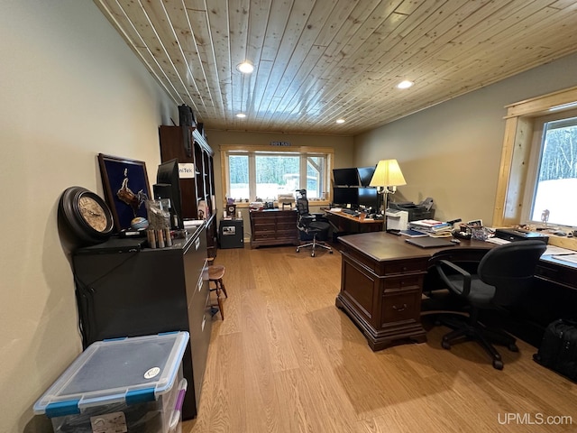 office space with wood ceiling and light hardwood / wood-style flooring