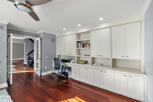 home office with ornamental molding, dark hardwood / wood-style floors, and ceiling fan