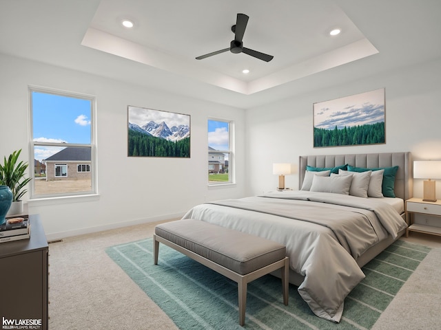 bedroom featuring multiple windows, a tray ceiling, and carpet