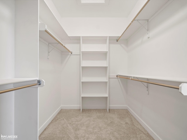 walk in closet featuring light colored carpet