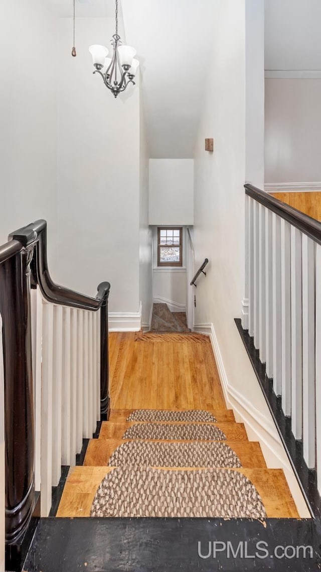 staircase with wood-type flooring and a chandelier