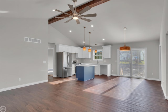 1834 Riley Rd, Saint Clair, MI 48079 - kitchen with appliances with stainless steel finishes, pendant lighting, white cabinets, a center island, and beam ceiling