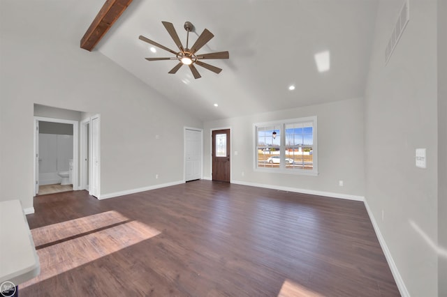 1834 Riley Rd, Saint Clair, MI 48079 - unfurnished living room with beamed ceiling, ceiling fan, dark hardwood / wood-style flooring, and high vaulted ceiling