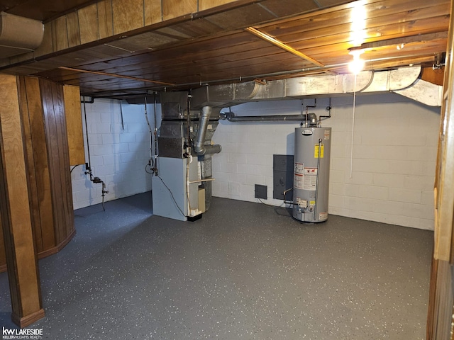 basement with heating unit and gas water heater