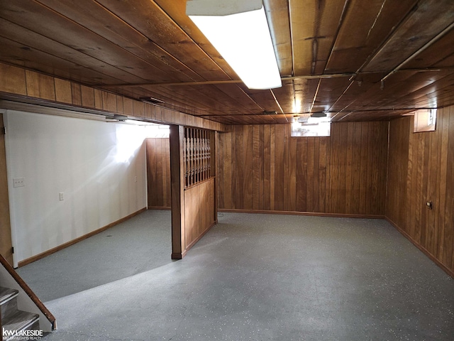 basement with wood ceiling and wood walls