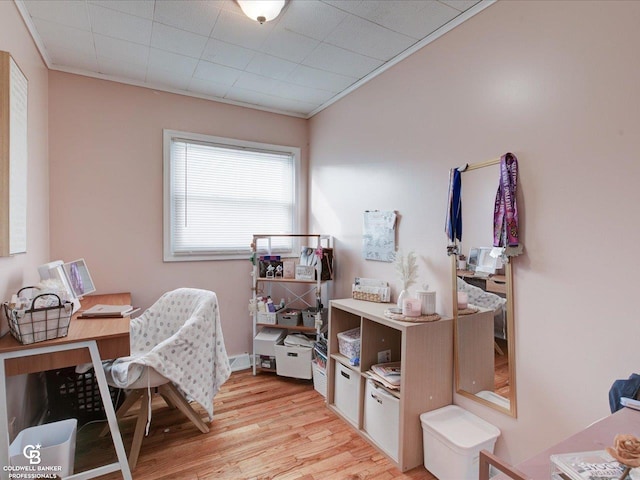 office area featuring crown molding and light wood-type flooring