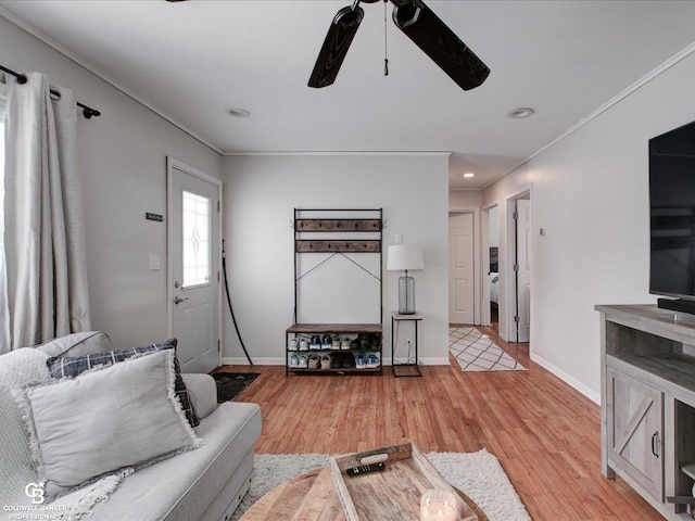 living room with ceiling fan, ornamental molding, and light wood-type flooring