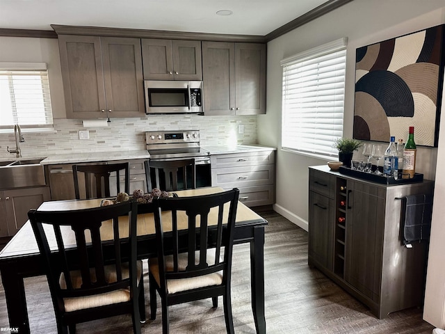 kitchen featuring tasteful backsplash, ornamental molding, stainless steel appliances, and sink