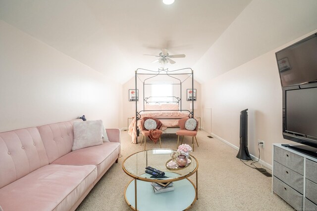 living room with vaulted ceiling and ceiling fan