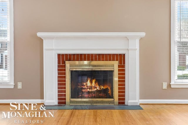 details with hardwood / wood-style floors and a fireplace