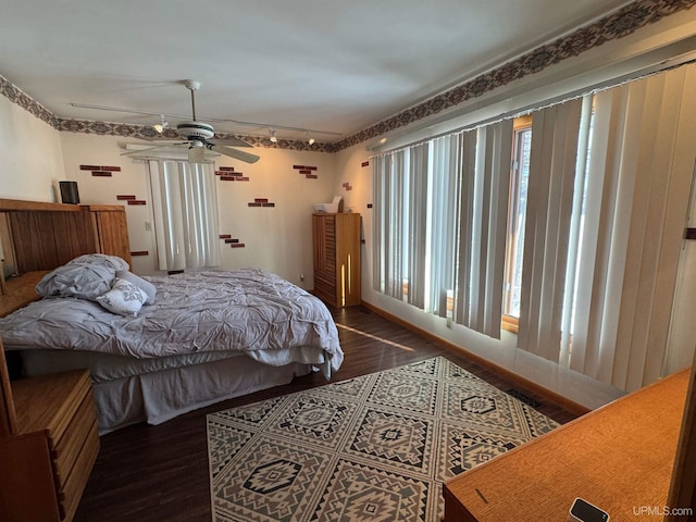 bedroom featuring multiple windows, dark wood-type flooring, track lighting, and ceiling fan