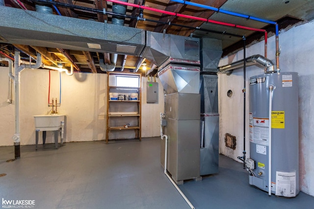 basement with gas water heater, heating unit, and electric panel