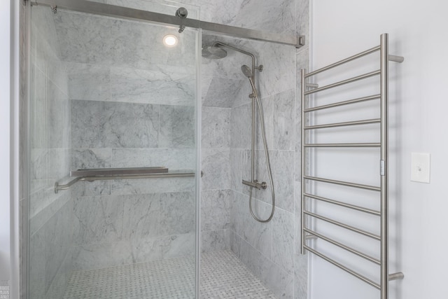 bathroom with a shower with shower door