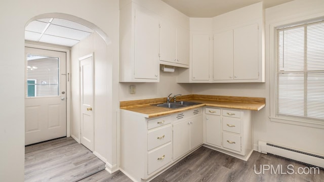 kitchen featuring a baseboard radiator, sink, white cabinets, and dark hardwood / wood-style floors