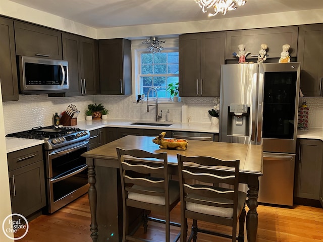 kitchen with sink, an inviting chandelier, stainless steel appliances, tasteful backsplash, and light wood-type flooring